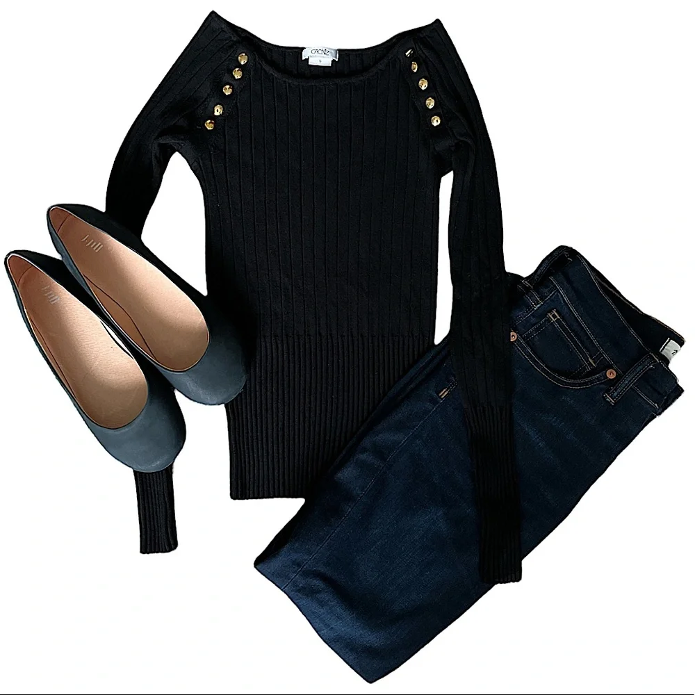 CACHÉ gold button black ribbed long sleeve knit size small